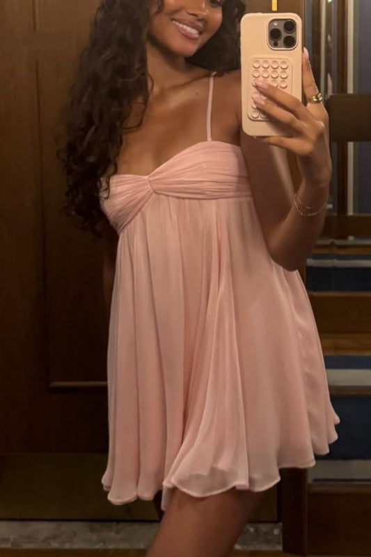 girlhomeshops-Pink Spaghetti Strap Short Homecoming Dress Birthday Dress Casual gh5856