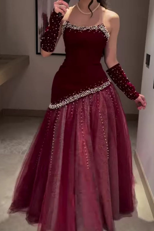 Sleeveless Burgundy Velvet & Tulle Gown | Luxury Elegant Pearl Trim Train Dress for Gala Ball gh6471