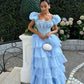 Blue Princess Cute Elegant A-line Short Sleeve Long Tulle Party Dress Evening Dress Ball Gown gh4197