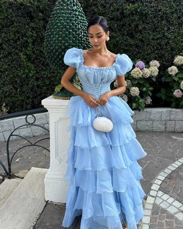 Blue Princess Cute Elegant A-line Short Sleeve Long Tulle Party Dress Evening Dress Ball Gown gh4197