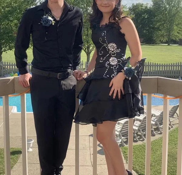 girlhomeshops--Blue/Black Delicate Floral Beaded Short Ruffled Tulle Homecoming Dress gh5635