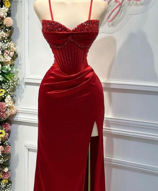 Rot wunderschöne exquisite mode glänzende spaghetti-trägern schlitz meerjungfrau schlanke lange satin ballkleid abendkleid partykleid gh3230