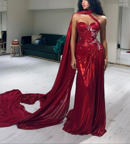 One-Shoulder Sleeveless Red Satin Floor-Length Gown | Luxury Glam Heart Strapless Rhinestone Dress for Gala Gatherings gh6457