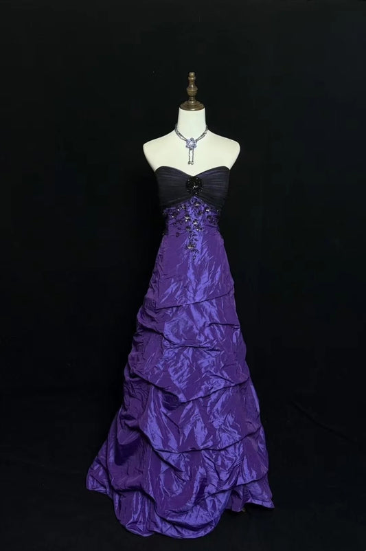 girlhomeshops-Purple Exquisite Beaded Long Satin Ball Gown gh6289
