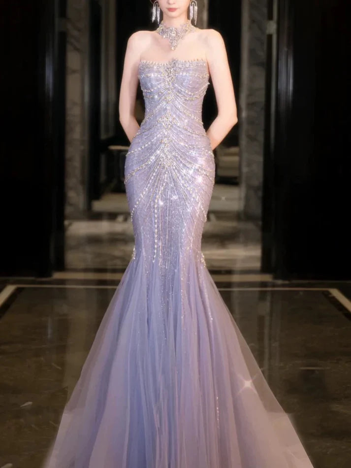 Blue gorgeous shiny beautiful off-shoulder exquisite beading long tulle mermaid slim fishtail skirt ball gown formal evening gown wedding dress gh3559