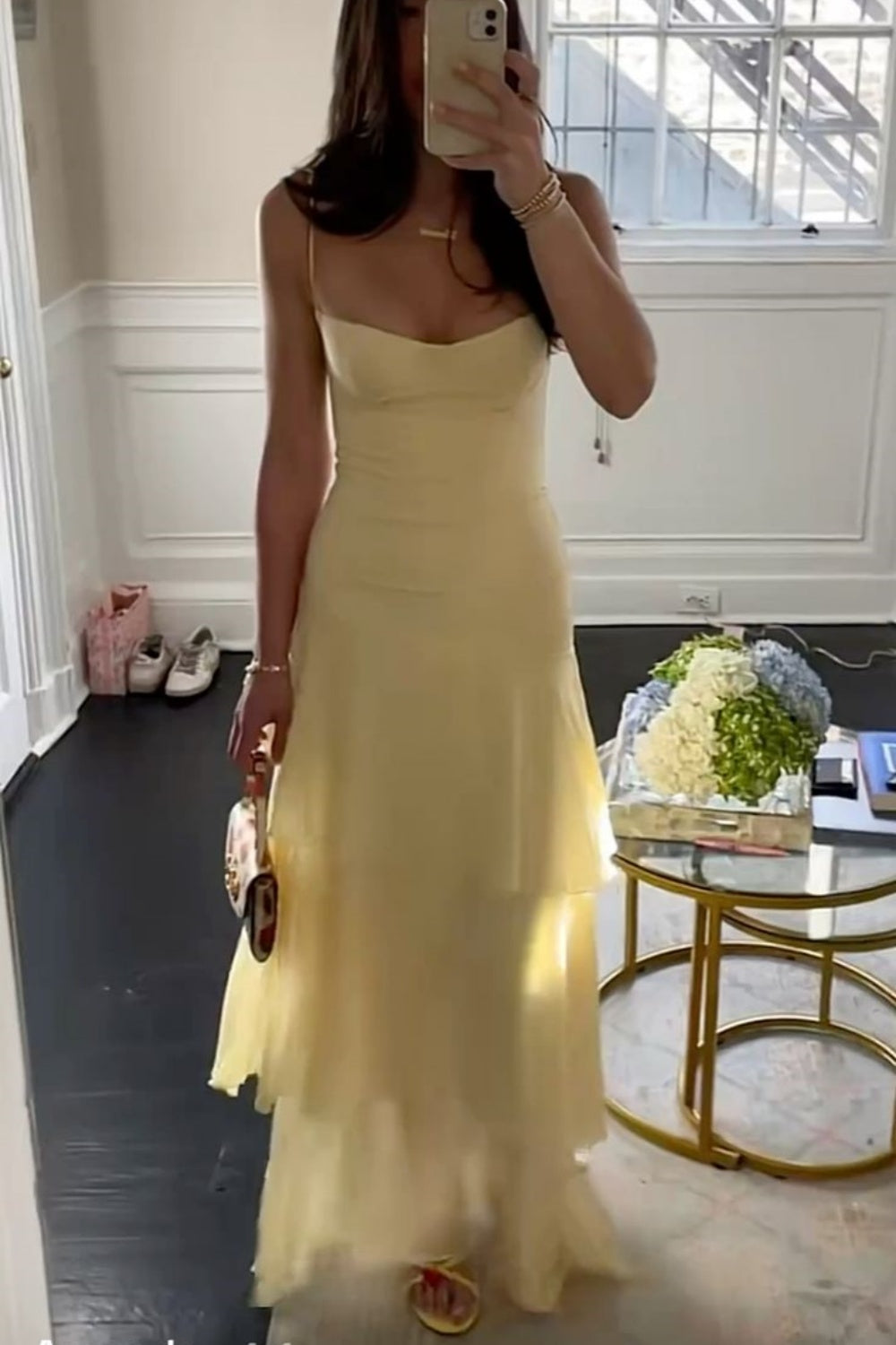 girlhomeshops-Gelbes lässiges, gerüschtes, langes Chiffonkleid gh5860