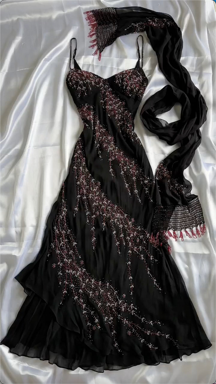 robe de soirée et de fête girlhomeshops - Robe bustier noire à perles avec foulard en soie assorti, ourlet asymétrique gh6000