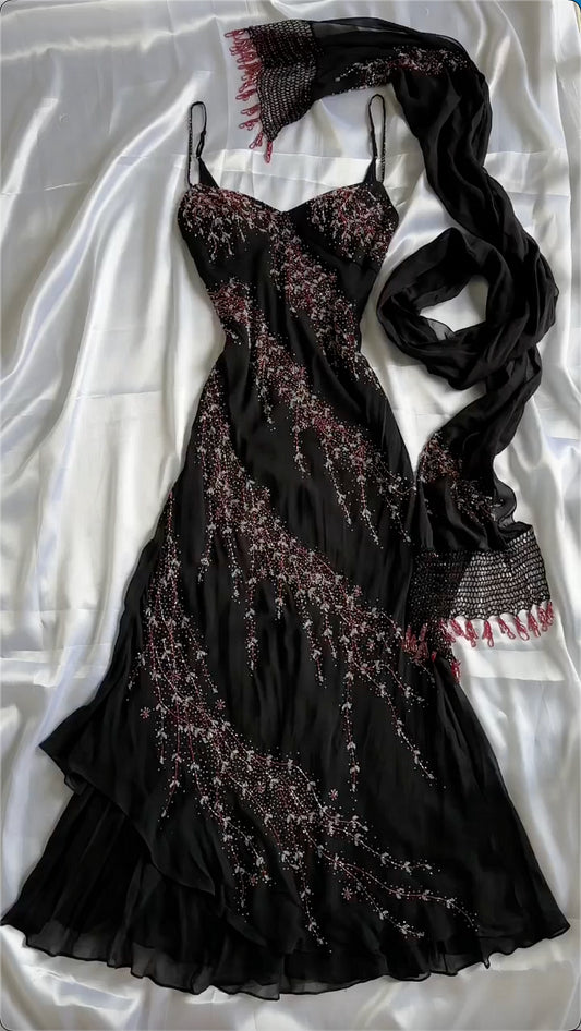 robe de soirée et de fête girlhomeshops - Robe bustier noire à perles avec foulard en soie assorti, ourlet asymétrique gh6000