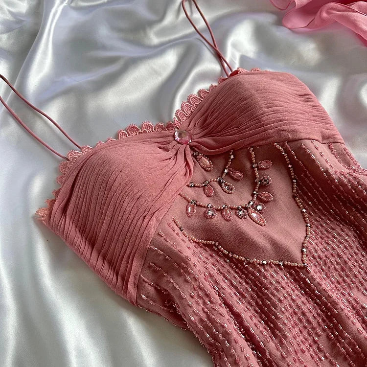 Robe de soirée longue en mousseline de soie, élégante et florale rose, avec perles exquises, gh4234