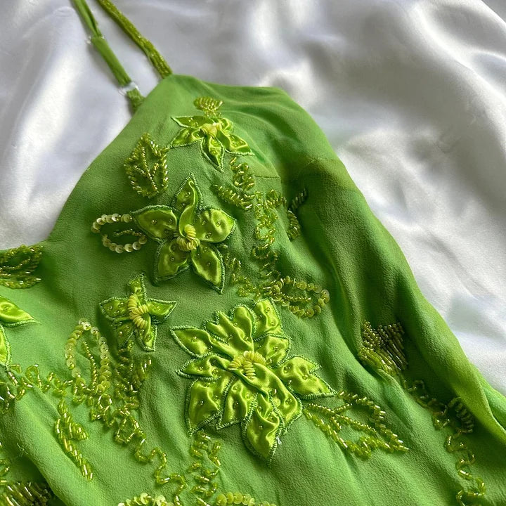Green shiny fashion exquisite floral beading spaghetti straps long chiffon ruffles long ball gown evening dress party dress gh3403