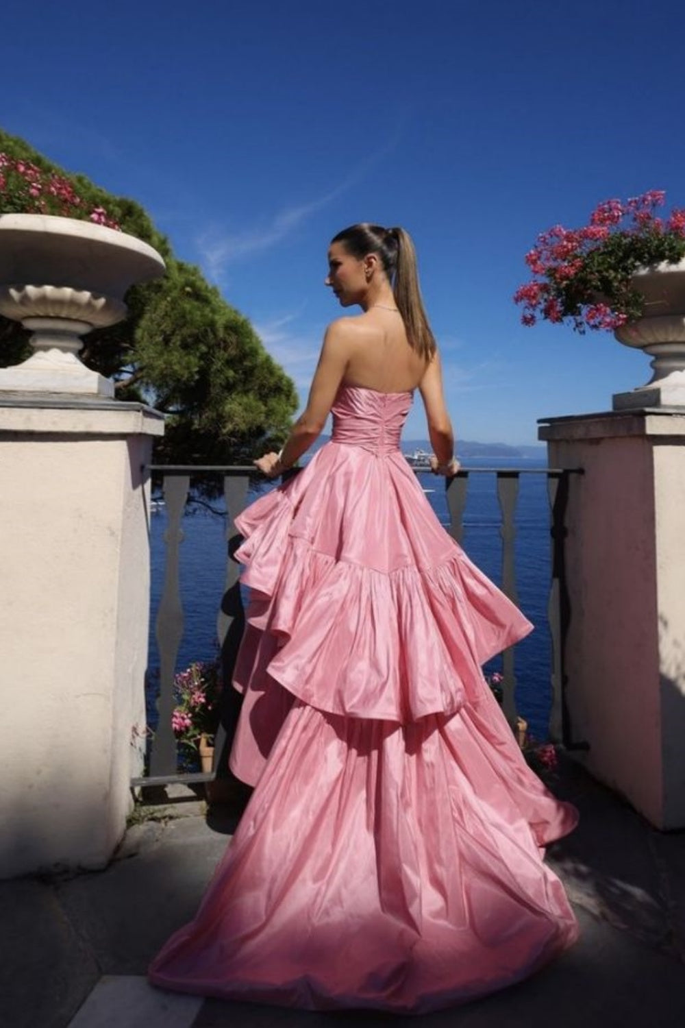 Pink Tube Top Fashion Elegant Layered Long Satin Ball Gown Evening Dress Party Dress gh3110
