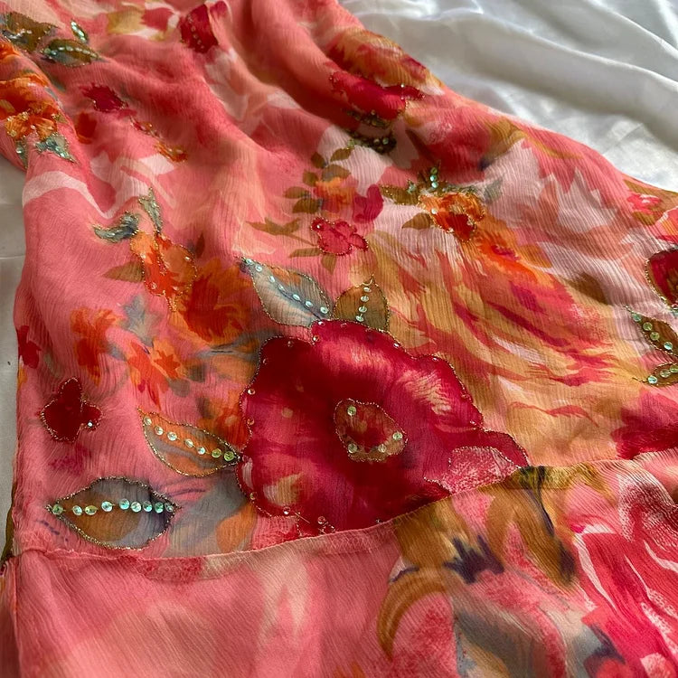 Robe de soirée longue en mousseline de soie, élégante et orange, motif floral, gh4236