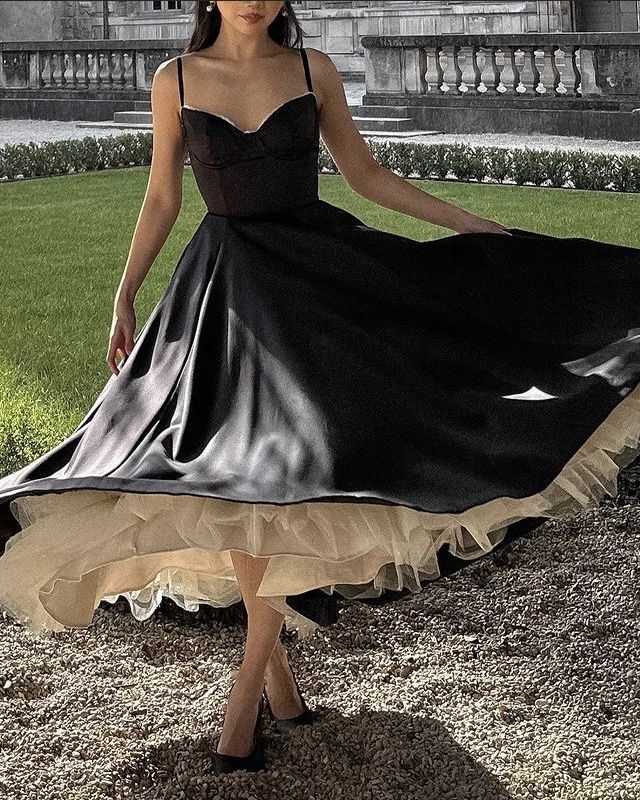Black and White Princess Cute and Elegant A-line Spaghetti Straps Long Satin Tulle Party Dress Evening Dress Prom Dress Homecoming Dress gh4196