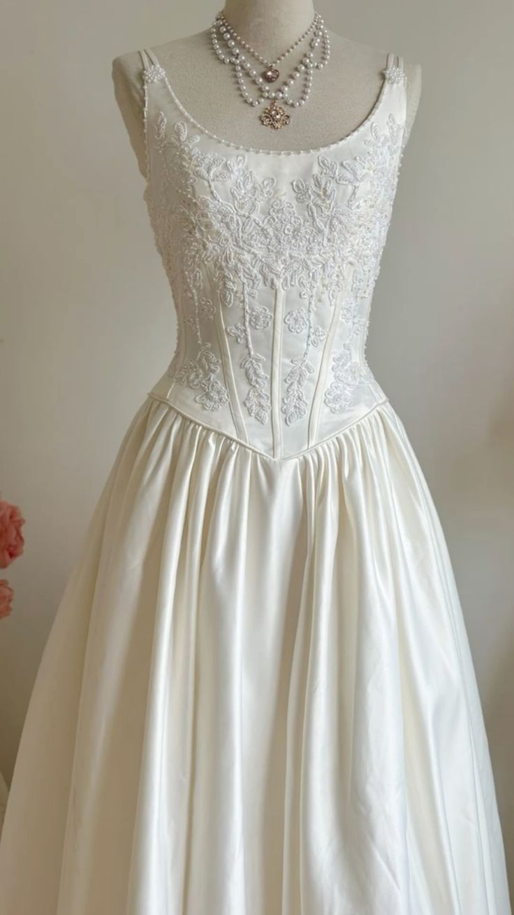 girlhomeshops - Robe longue en satin blanc, élégante et rétro, en dentelle, gh5704