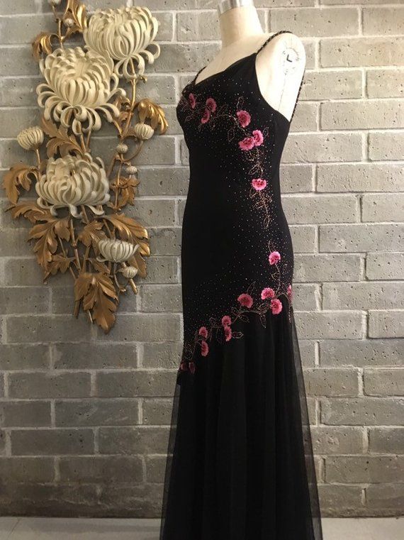 Schwarzes, zartes, florales, mit Perlen verziertes, langes Tüll-Ballkleid, Abendkleid, formelles Geburtstagspartykleid, Tanzkleid gh3151