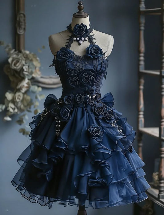 Blue floral ruffle short tulle homecoming dress prom dress birthday party dress gh4915