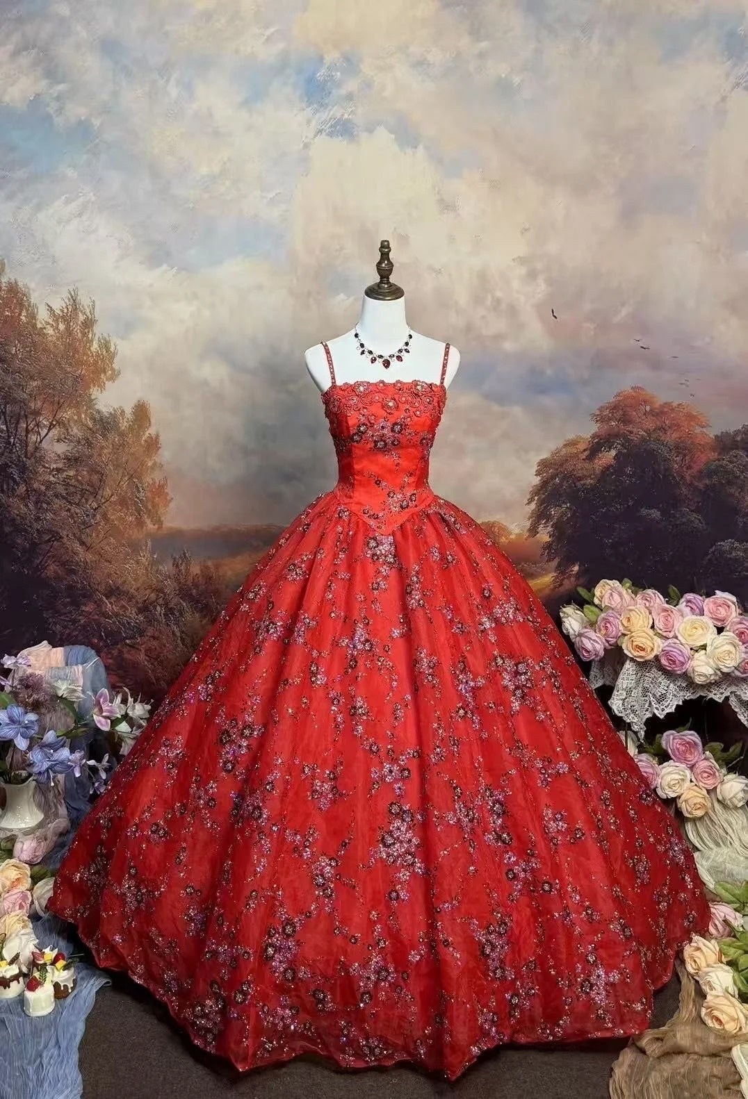 girlhomeshops-Red, Delicately Beaded, Floral Long Tulle Ball Gown gh6292