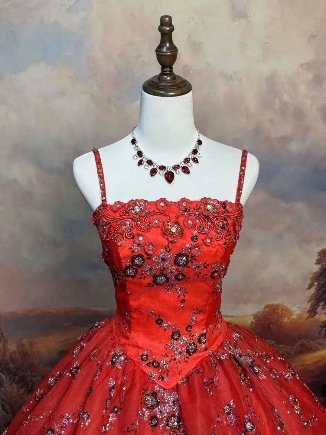 girlhomeshops-Red, Delicately Beaded, Floral Long Tulle Ball Gown gh6292