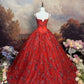 girlhomeshops-Red, Delicately Beaded, Floral Long Tulle Ball Gown gh6292