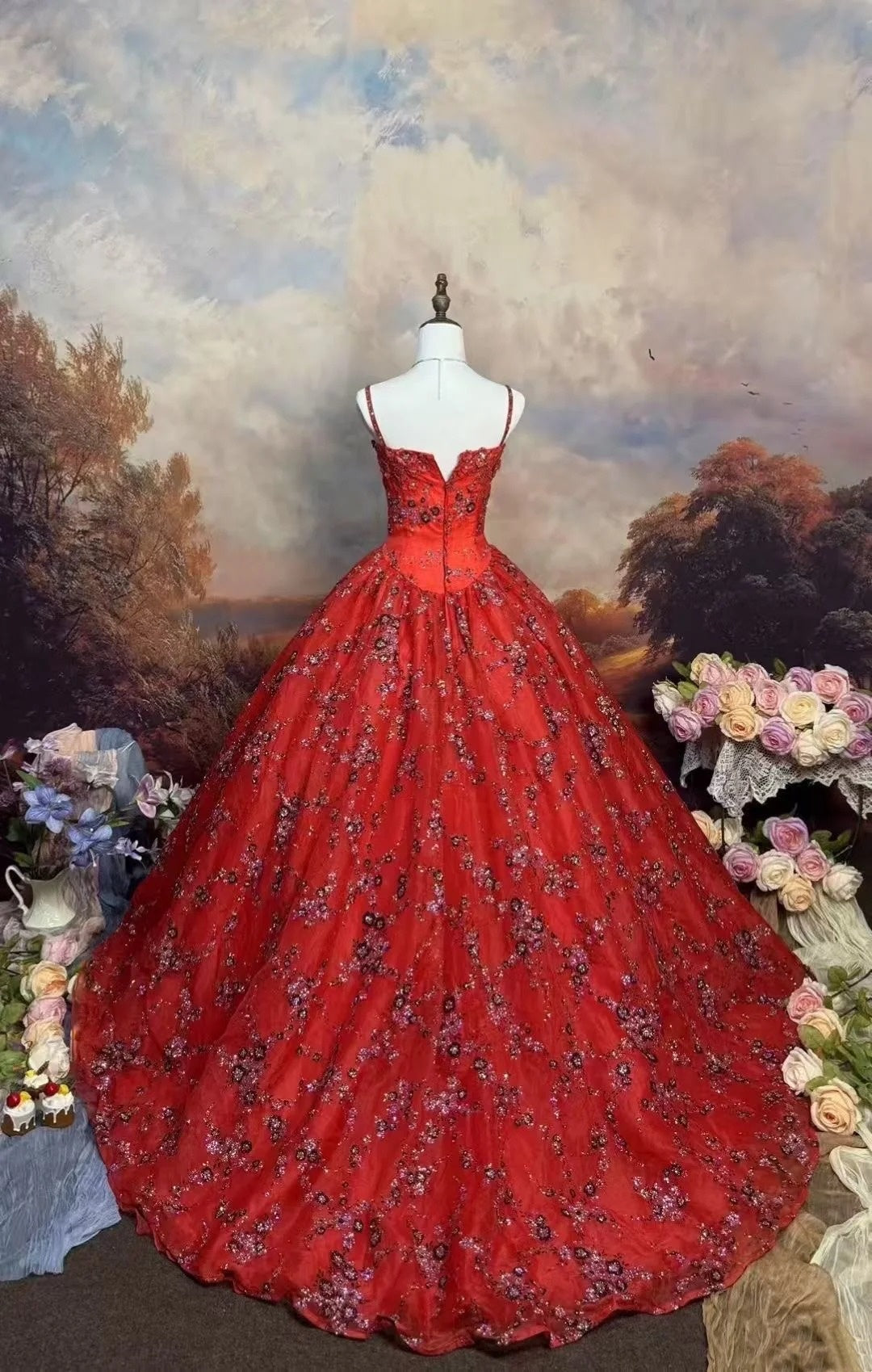 girlhomeshops-Red, Delicately Beaded, Floral Long Tulle Ball Gown gh6292