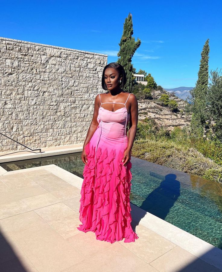 Rosa/Orange/Grün Gradient Spaghetti-trägern Mode Elegante Lange Rüschen Chiffon Ballkleid Abendkleid Party Kleid gh3252