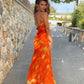 Orange Fashion Elegant Spaghetti Strap Long Ruffle Chiffon Ball Gown Evening Dress Party Dress Wedding Guest Dress gh3318