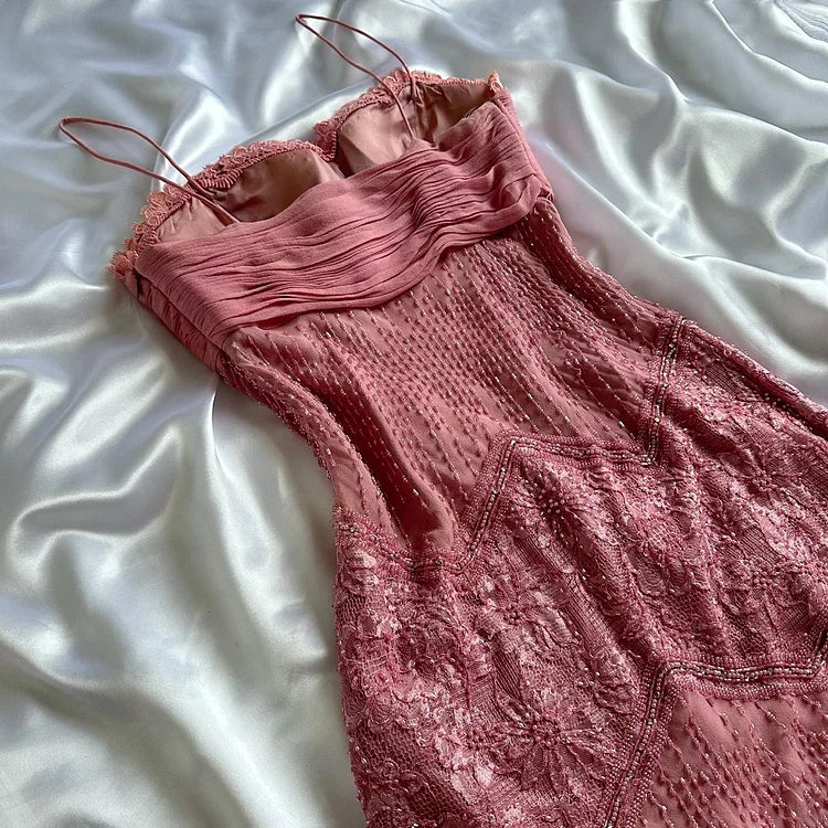 Robe de soirée longue en mousseline de soie, élégante et florale rose, avec perles exquises, gh4234