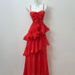 Red Shiny Elegant Fashion Spaghetti Strap Long Chiffon Ruffle Ball Gown Evening Gown Party Dress Prom Gown gh3795