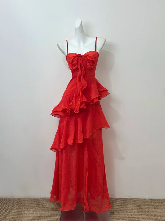 Red Shiny Elegant Fashion Spaghetti Strap Long Chiffon Ruffle Ball Gown Evening Gown Party Dress Prom Gown gh3795