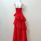 Red Shiny Elegant Fashion Spaghetti Strap Long Chiffon Ruffle Ball Gown Evening Gown Party Dress Prom Gown gh3795