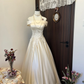 White Delicate Floral Applique Long Satin Ball Gown Evening Gown Wedding Dress gh4292