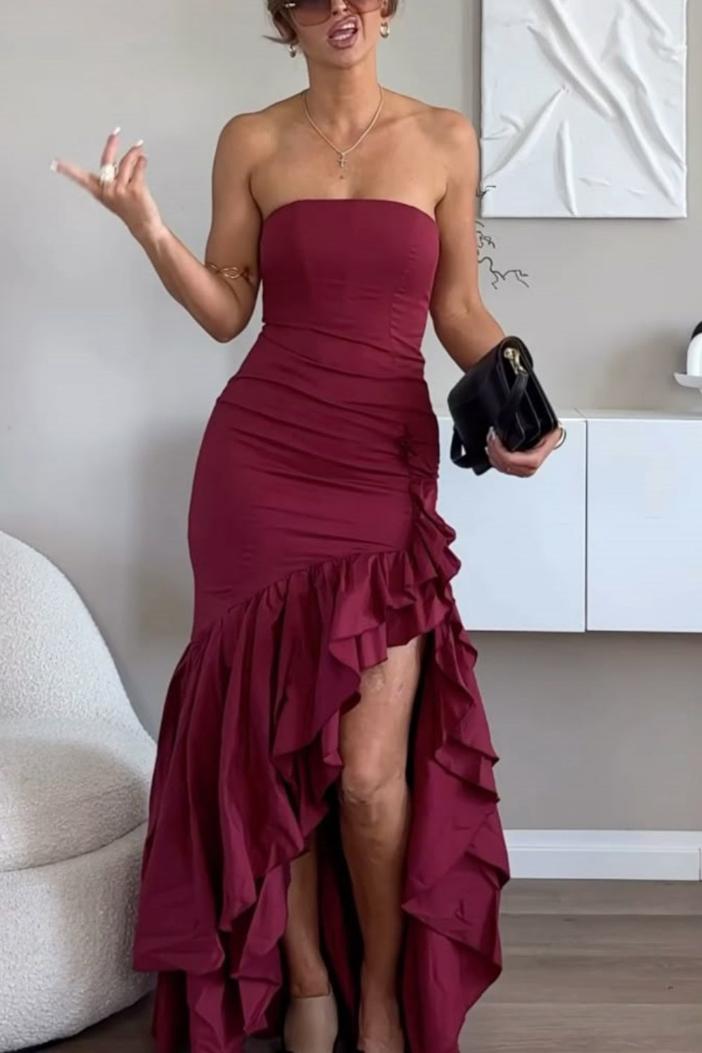 girlhomeshops-Blau/Weinrot/Gelb/Lila Langes Chiffon-Rüschen-Ballkleid Abschlusskleid gh5929