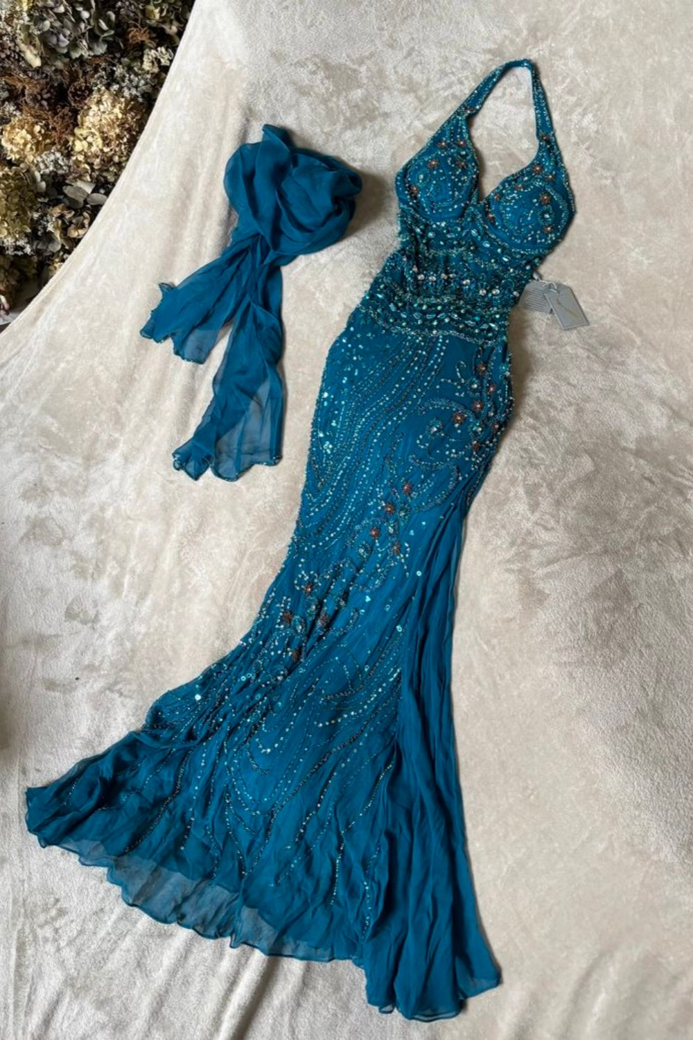 girlhomeshops-Blue delicate beaded chiffon long dress gh6153