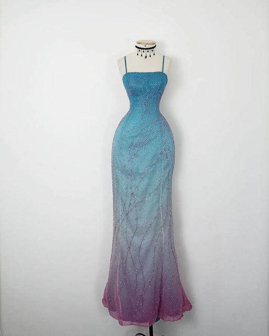 Girlhomeshops-Blue pink fashion gradient long spaghetti strap exquisite beaded long chiffon Prom Dress evening dress party dress gh5130