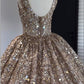 Nude pink gorgeous shiny gold sequins elegant long tulle sequin ball gown evening dress gh3197
