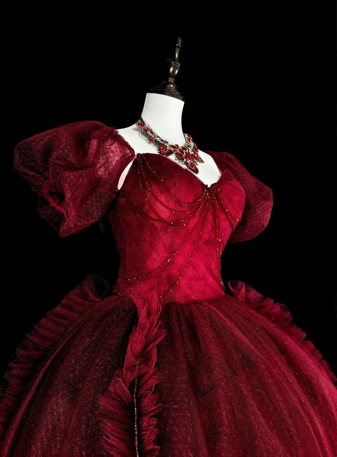 girlhomeshops-Burgundy Retro Sparkling Short-Sleeved Long Tulle Ball Gown gh6134