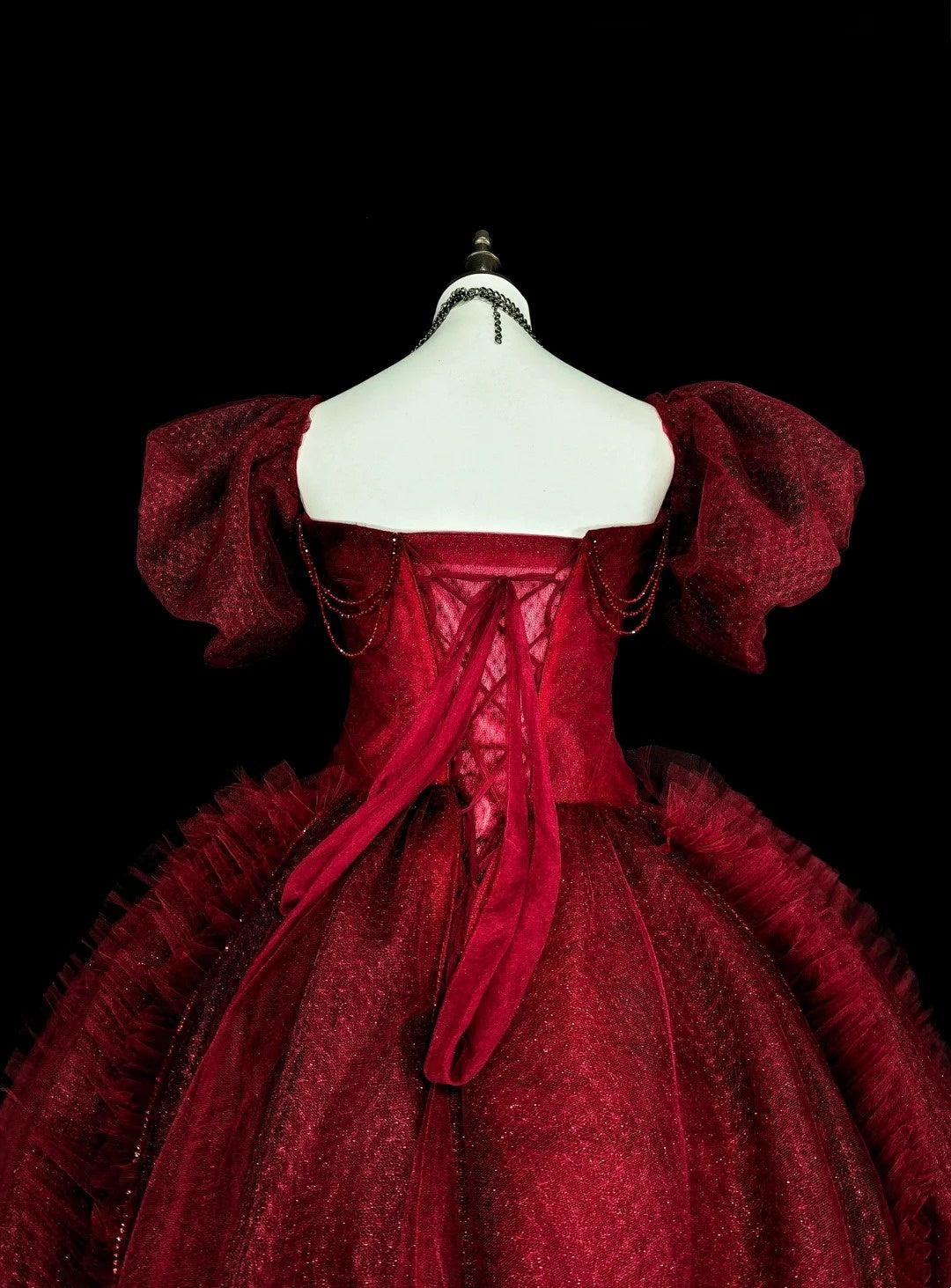 girlhomeshops-Burgundy Retro Sparkling Short-Sleeved Long Tulle Ball Gown gh6134