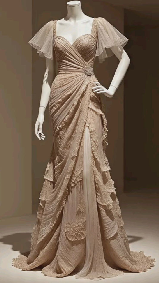 Robe longue sirène en tulle plissé champagne à manches papillon, style luxueux et élégant | Idéale pour un gala, des fiançailles ou un événement mondain haut de gamme (gh6424)