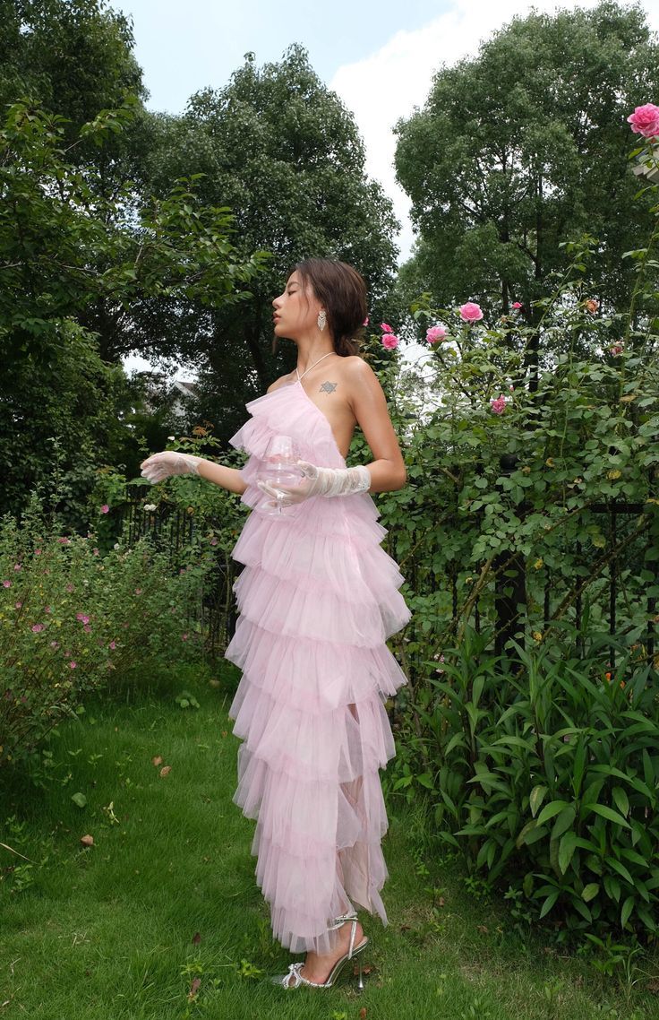 Pink Sweet Backless Long Tulle Ball Gown Evening Dress Party Dress gh3297