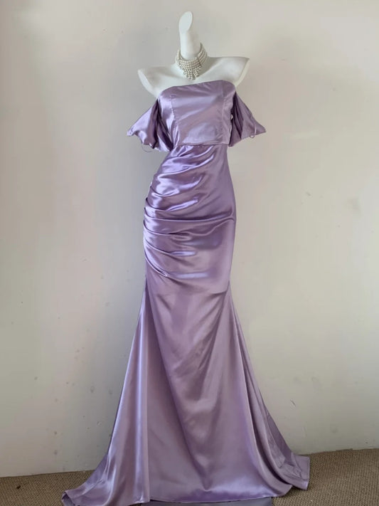 Purple simple fashionable strapless fishbone one-shoulder dress elegant long satin floor-length ball gown evening dress prom dress gh3726