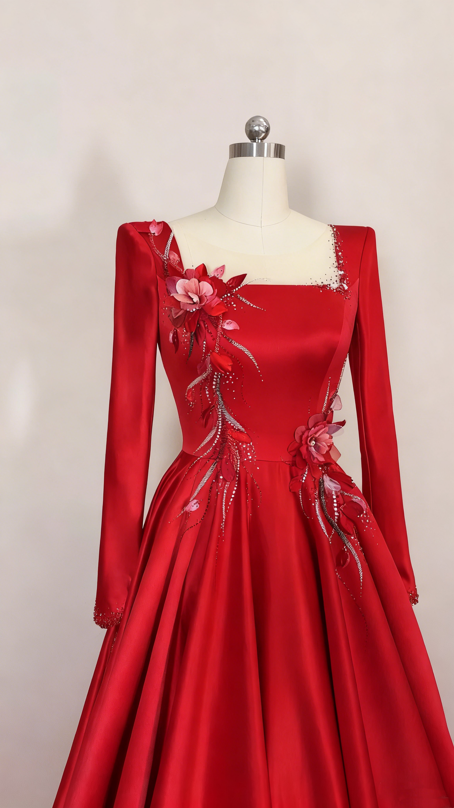 Crimson Satin Square-Neck Long-Sleeve 3D Flower Train Gown gh6387