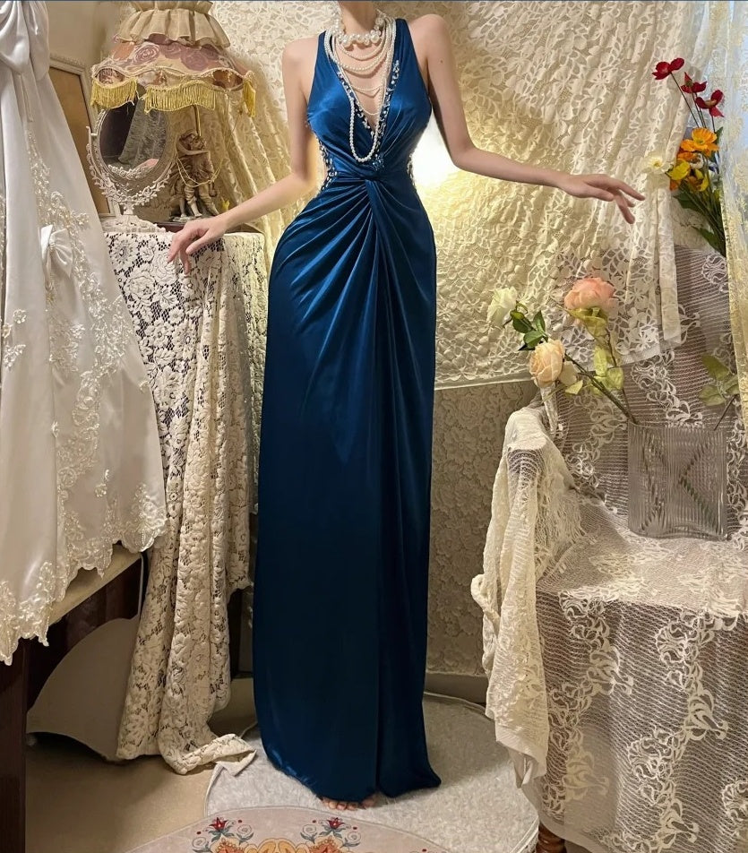 Robe de soirée longue en satin bleu à perles, élégante, gh4460