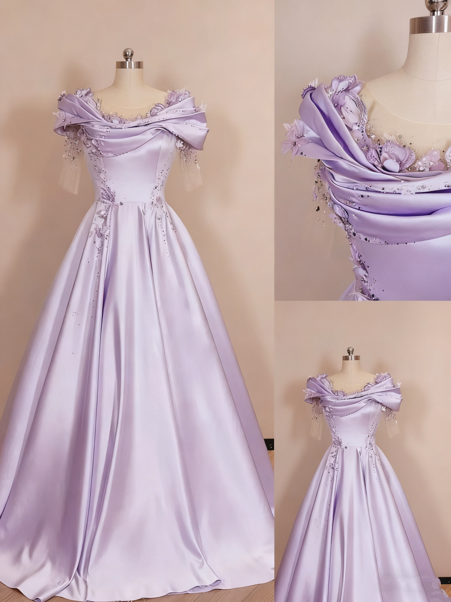 Formal Dress Lilac Satin Off-the-Shoulder 3D Flower Train Gown gh6388
