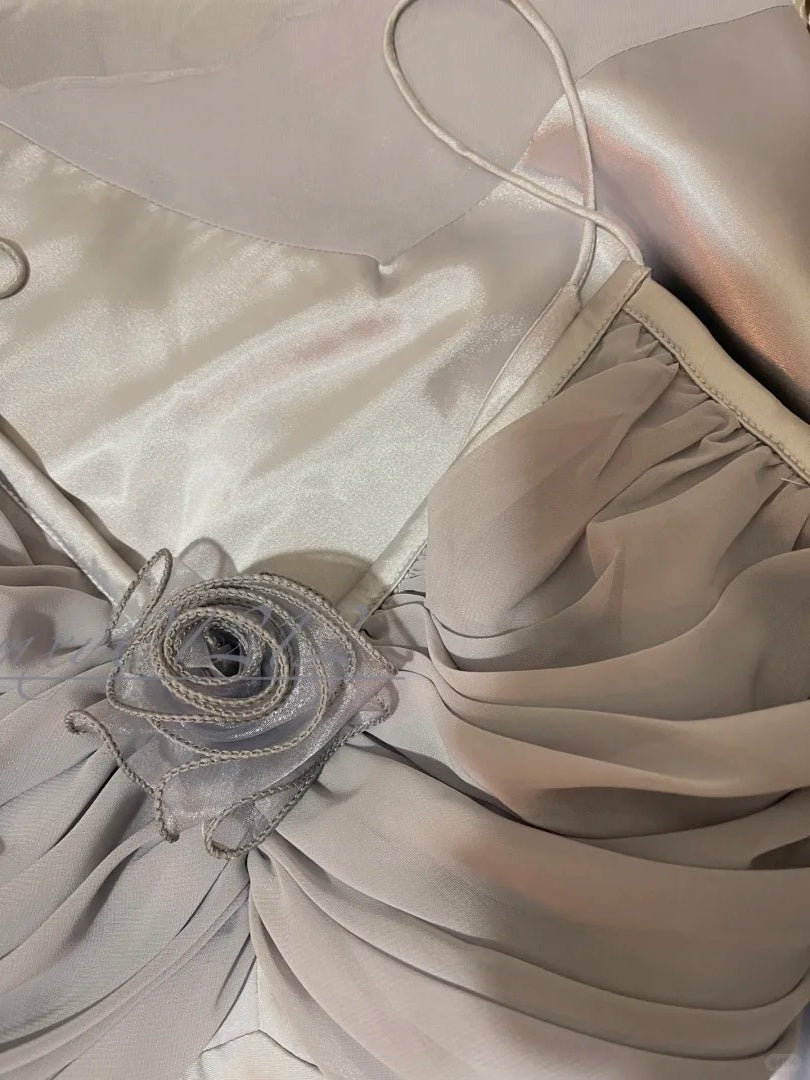 Graublaues langes Ballkleid aus Satin mit Blumenmuster, Abendkleid, Abschlusskleid gh4508