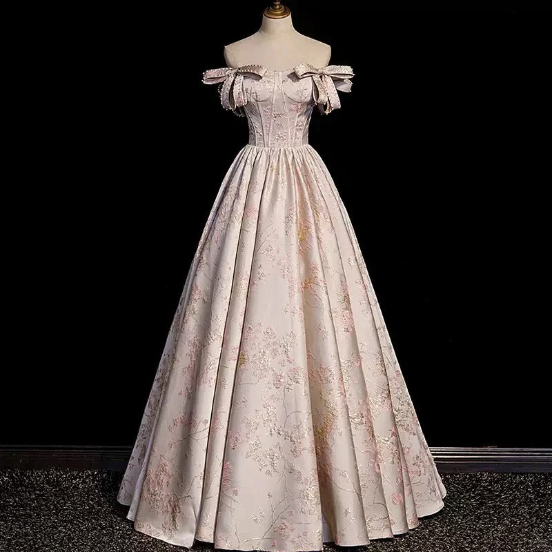 Girlhomeshops - Rosa, geblümtes, perlenbesetztes, langes, bodenlanges Ballkleid aus Satin mit Bindeband, gh5313