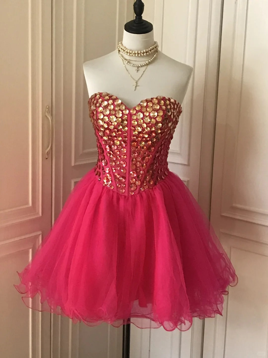 ❤️Pink retro noble princess short homecoming dress sequined tulle ball dress evening dress gh4392