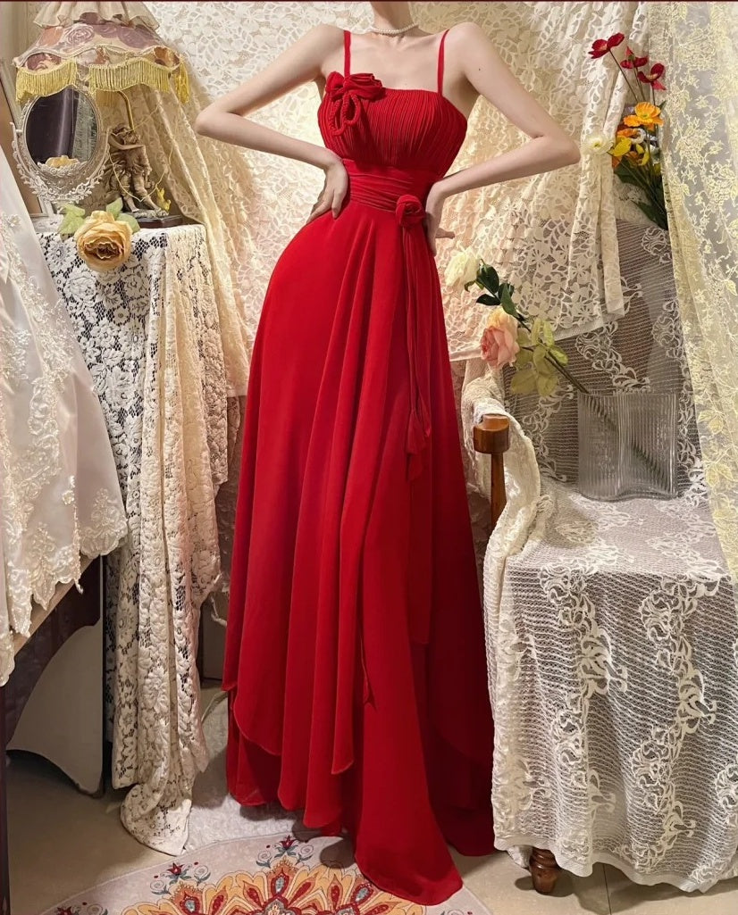 Red floral long satin tulle ball gown birthday party dress evening dress gh4414