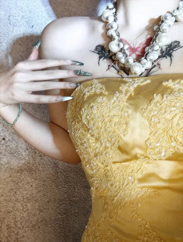 Robe de soirée longue en satin jaune, magnifique et exquise, avec perles, gh4499