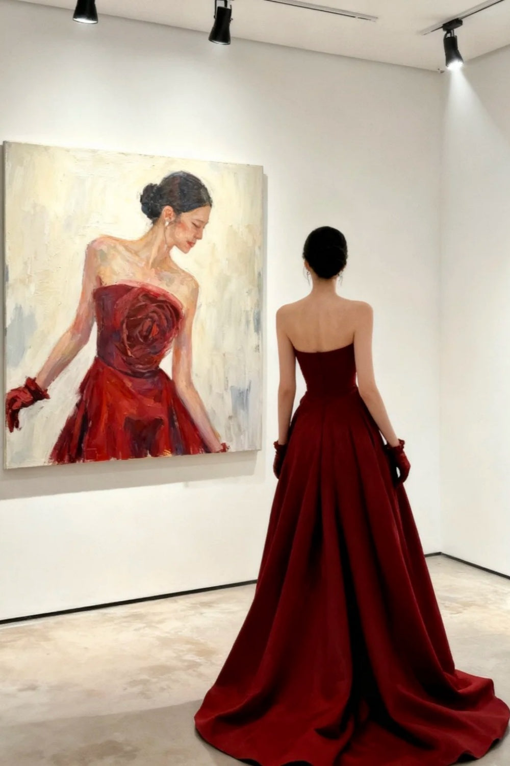 girlhomeshops - Rotes, langärmliges, schulterfreies, figurbetontes, bodenlanges Ballkleid aus Satin gh5962