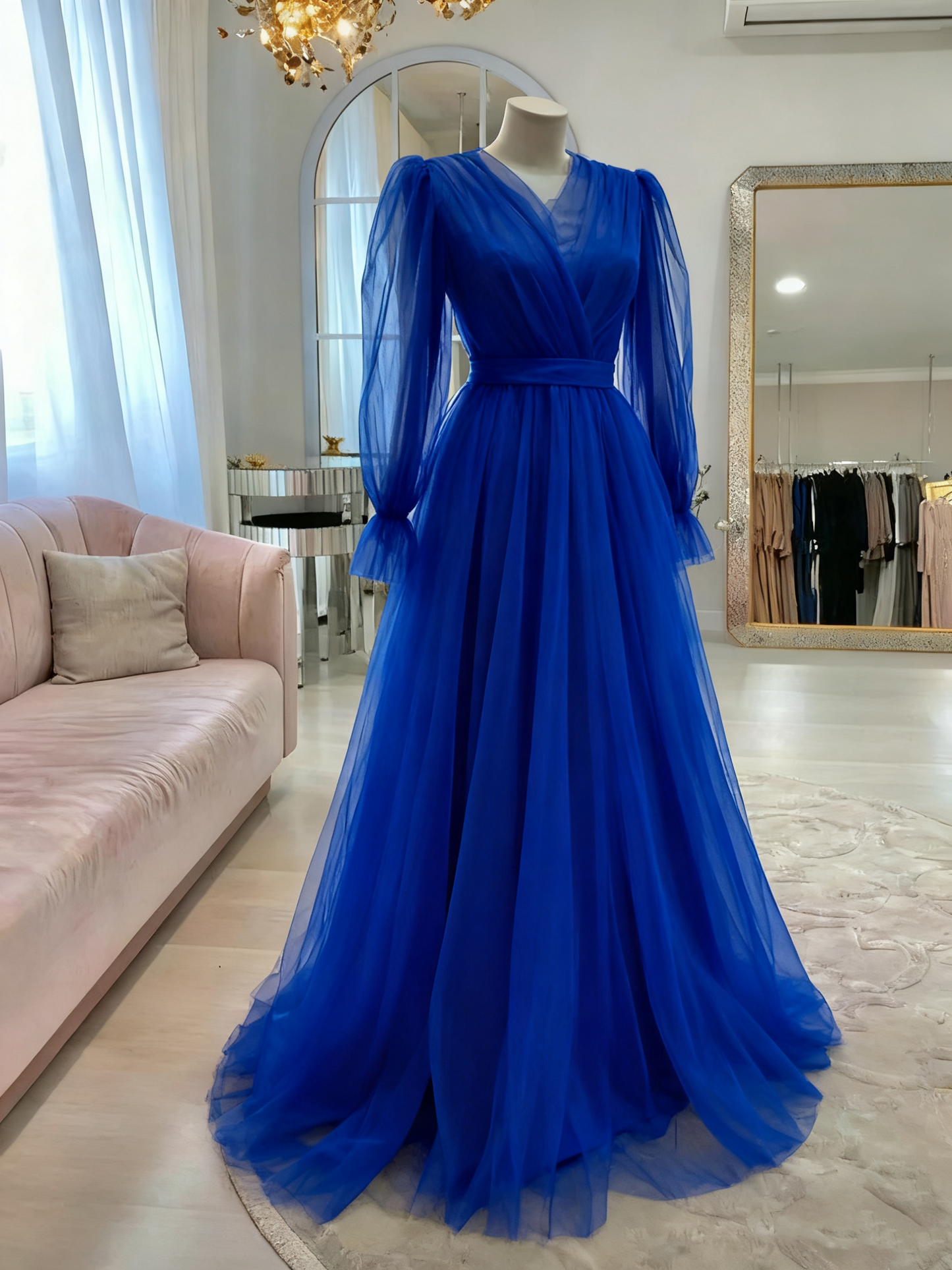 High Quality Pink Simple Elegant Long Sleeve Tulle Long Evening Dress, Ball Gown, Wedding Dress, Wedding Guest Dress,Gala Dress Gh2215